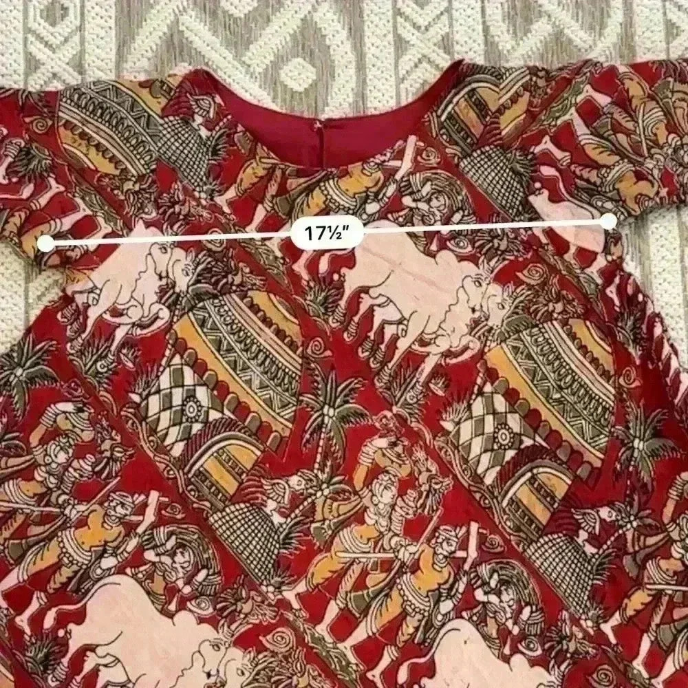 Indian Women Red Cow Floral Printed Round Neck Kurta Kurti Top Tunic Dress Small - Picture 4 of 6